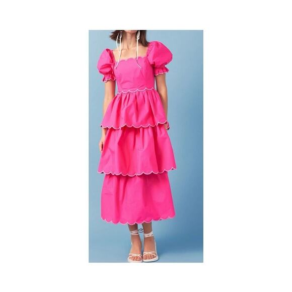 NWT English Factory Viral Sold Out Scallop Tiered Midi Dress Pink L - Picture 2 of 5